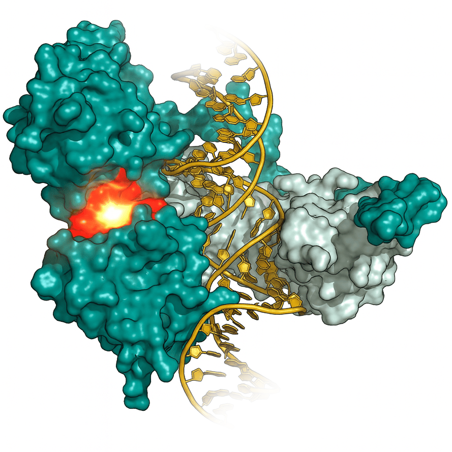 Rendering of protein molecule and DNA strand with highlighted functional targets.